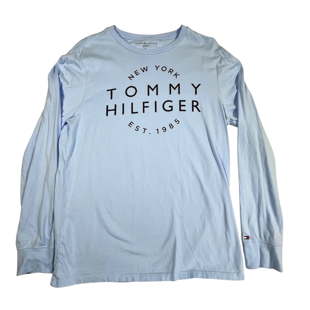 Tommy Hilfiger Long Sleeve Graphic Tee Mens Medium Baby Blue Y2K Logo New York